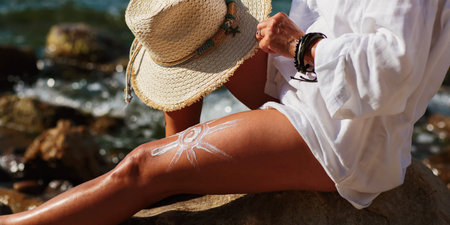 Close-up of straw hat and sunscreen sun design on womans leg