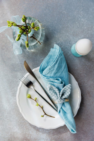 Top View of Spring Easter Table in Pastel Colors