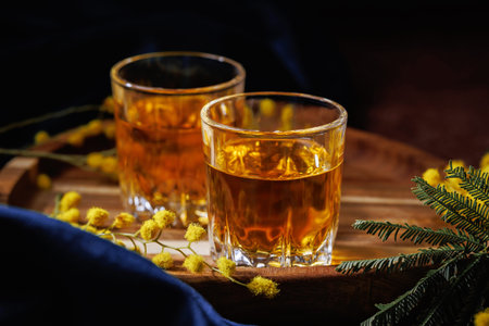 Two Glasses of Amber Whiskey with Mimosa Flowers on Wooden Tray Spring Celebration Concept