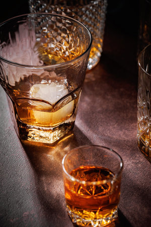 Whiskey Glass with Ice Cube and Small Shot Glass on Bar Table