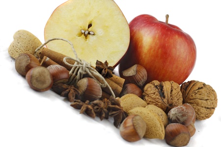 dollop of autumn fruges, nuts and applesの写真素材