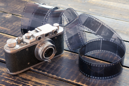 Old rangefinder vintage and retro photo camera with vintage color effectの写真素材