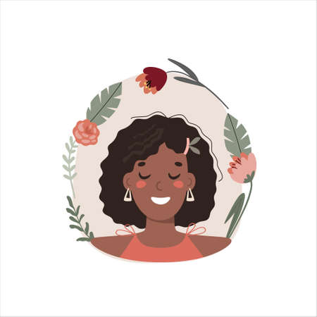 portrait of a young African American woman on the background of plants and flowers, vector flat illustration.のイラスト素材