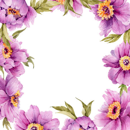 frame of pink peonies flowers, watercolor illustration.の写真素材