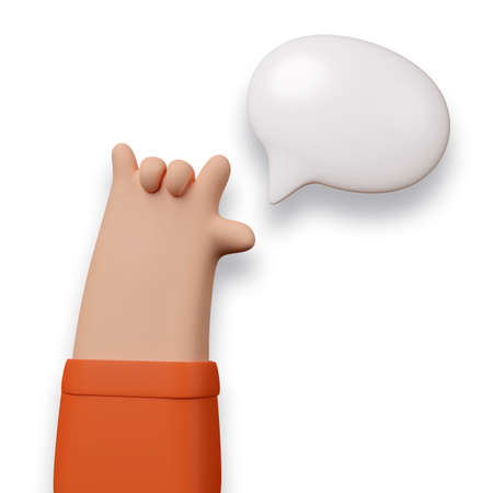 hand in an orange shirt on a white background, cartoon 3d illustration with place for text.