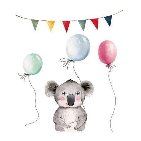 set of illustrations in cartoon style for children's design, koala animal, balloons and garland.の写真素材