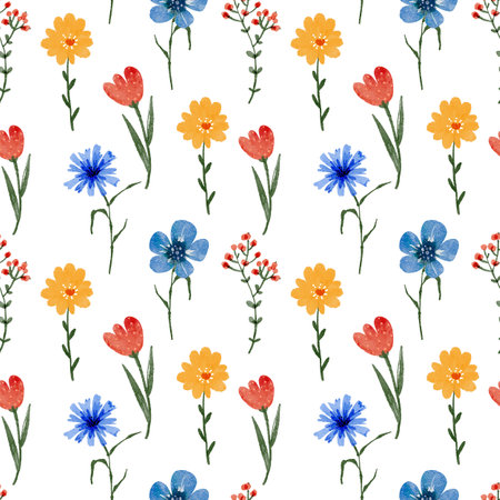 Seamless floral pattern with multi-colored flowers on a white background.