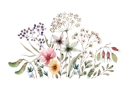 Border of delicate multicolored flowers and plants, watercolor illustration.の写真素材