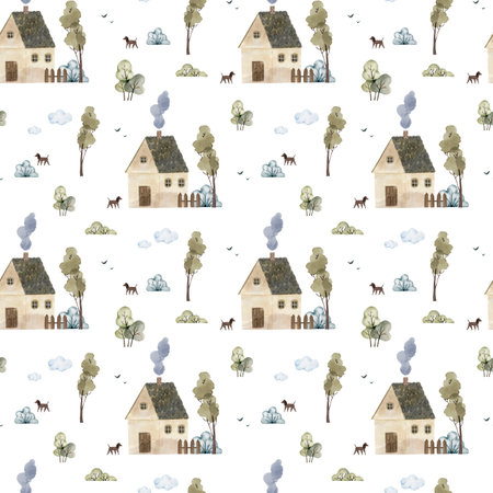 Seamless pattern with houses, nature and dogs. watercolor illustration for children's room and card design.の写真素材