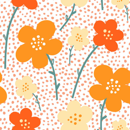Vector seamless pattern with orange abstract flowers on a light background.のイラスト素材