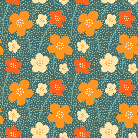 Vector seamless pattern with multi-colored abstract flowers on a green background.のイラスト素材