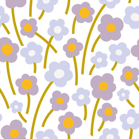 Seamless pattern with blue and lilac abstract flowers on a white background, vector.のイラスト素材
