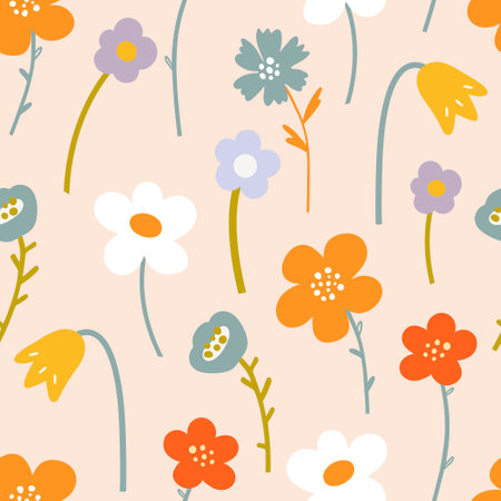 Vector seamless pattern with multi-colored abstract flowers on a light background.のイラスト素材