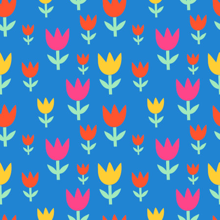 Seamless pattern with spring flowers, doodle style tulips on blue background, vector.のイラスト素材