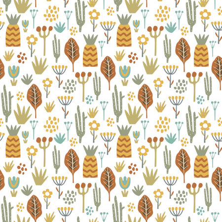 Seamless pattern with abstract flowers and plants on white background, vector.のイラスト素材