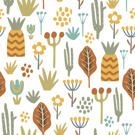 Seamless pattern with abstract flowers and plants on white background, vector.のイラスト素材