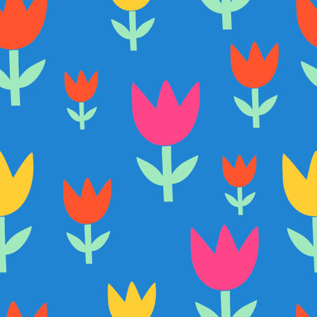 Seamless pattern with spring flowers, doodle style tulips on blue background, vector.のイラスト素材