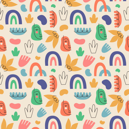 Abstract seamless pattern of multi-colored doodles, faces and plants, hand drawn vector background.のイラスト素材