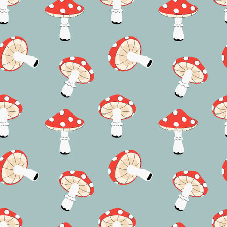 Vector seamless pattern with red fly agarics on a blue background. Amanita pattern, poisonous mushrooms freehand drawingのイラスト素材