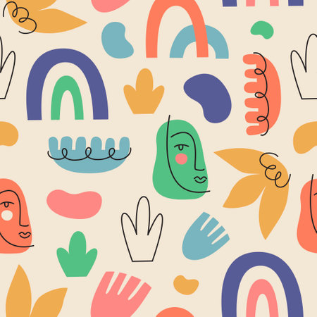 Abstract seamless pattern of multi-colored doodles, faces and plants, hand drawn vector background.のイラスト素材