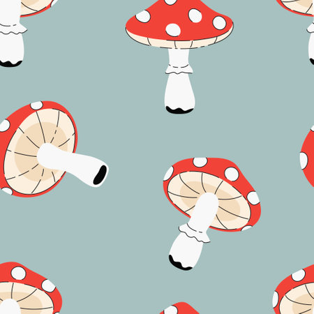 Vector seamless pattern with red fly agarics on a blue background. Amanita pattern, poisonous mushrooms freehand drawingのイラスト素材