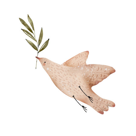 Bird in flight with a plant branch in its beak watercolor illustration, hand painted.の写真素材