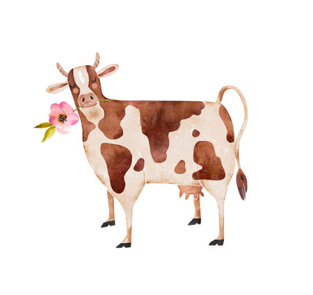 Cow with a flower in cartoon style watercolor illustration.の写真素材