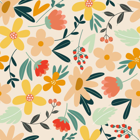 Seamless vector pattern with multicolored flowers in flat style on a light background.のイラスト素材