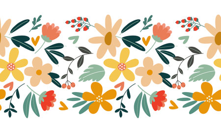 Seamless vector border with colorful flowers in a flat style on a white background.のイラスト素材