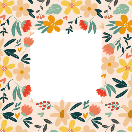 Frame with multi-colored flowers in a flat style on a light background.のイラスト素材