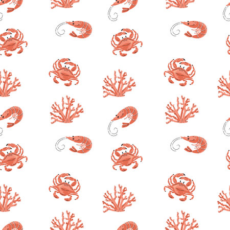 Pattern with sea crabs, corals and shrimps, flat style vector illustration.のイラスト素材