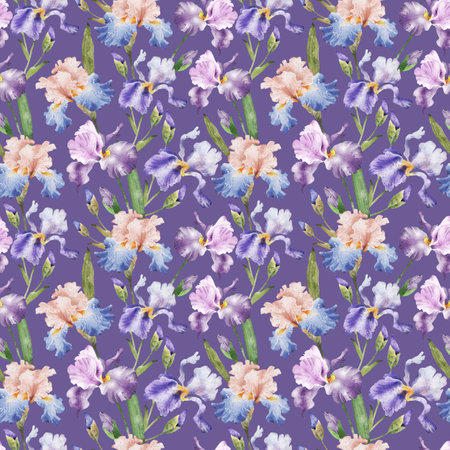 Seamless pattern with watercolor Iris flowers on a lilac background. hand painting.の写真素材
