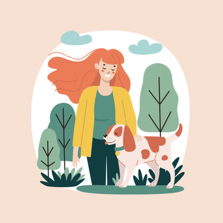 A woman walks with a dog in the forest. Active recreation concept. Vector illustration in a flat style.のイラスト素材