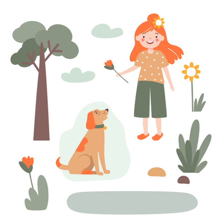 Set of illustrations girl , dog , nature . Vector illustration in a flat style.のイラスト素材