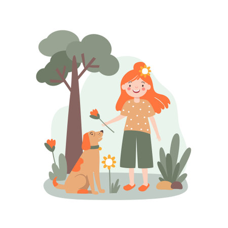 Child girl walking with a dog in the park. Active recreation concept. Vector illustration in a flat style.のイラスト素材