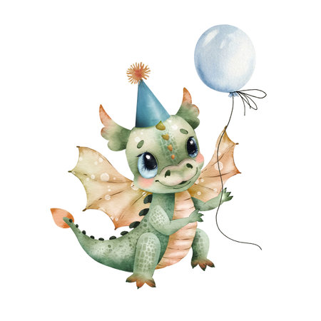 Fairytale dragon in cartoon style on a holiday, watercolor illustration.の写真素材