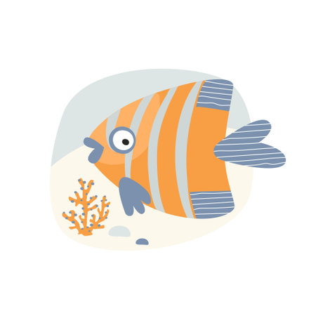 Cute cartoon sea striped fish on a colored background, flat style illustration.のイラスト素材