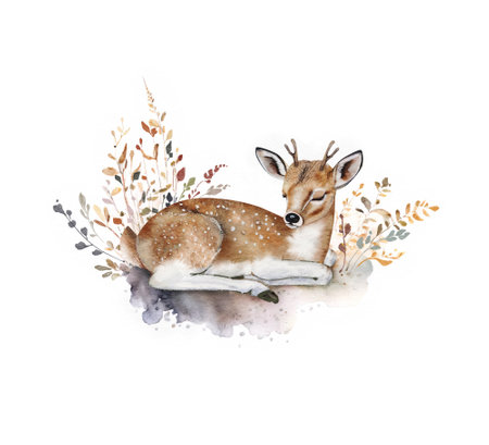 A young deer lies in a clearing in the bushes of plants, watercolor illustration.の写真素材