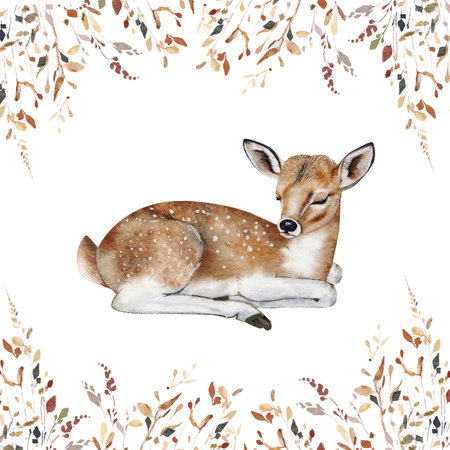 Young deer on the background of a frame of autumn plants, watercolor illustration.の写真素材