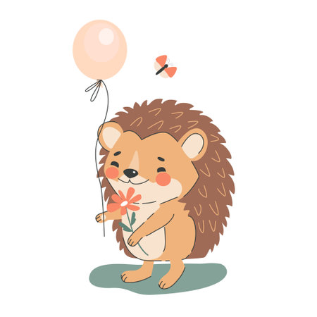 Cute cartoon hedgehog with balloon and flower, flat style vector illustration.のイラスト素材