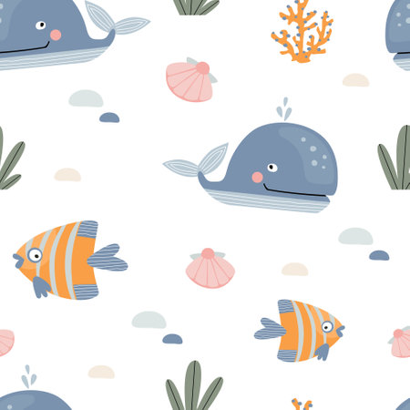 Seamless pattern with cartoon whales and fishes on a light background, vector in a flat style.のイラスト素材