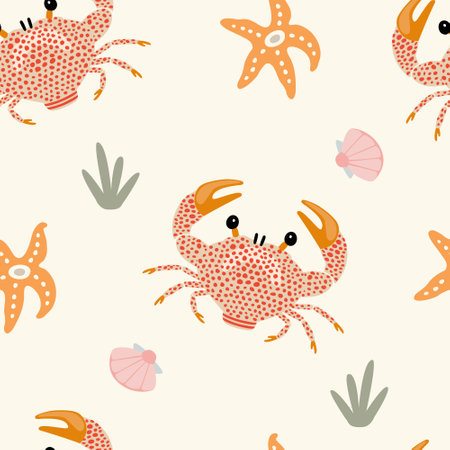 Seamless pattern with cartoon crabs and starfish on a light background, vector.のイラスト素材