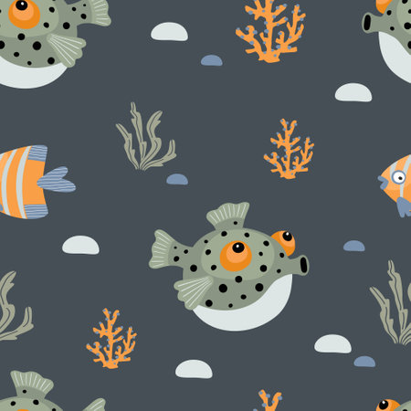 Seamless pattern with cartoon fish and sea corals on a dark background, vector.のイラスト素材