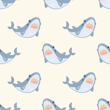 Seamless pattern with cartoon blue sharks on a light background, vector.のイラスト素材