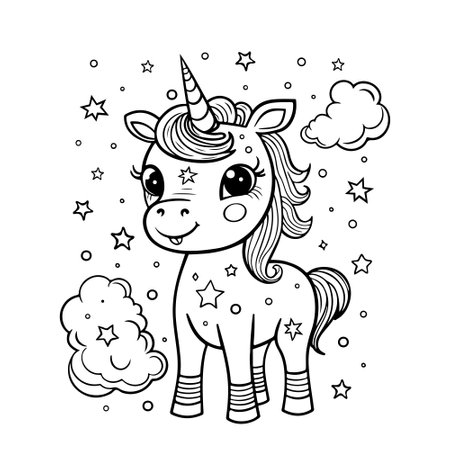 cute unicorn. Black and white linear drawing vector. Simple children's coloring book, illustration for children's creativity.のイラスト素材