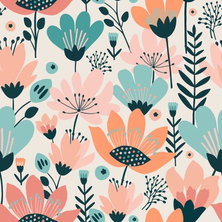 Seamless vector pattern with colorful flowers in a flat style on a light background.のイラスト素材