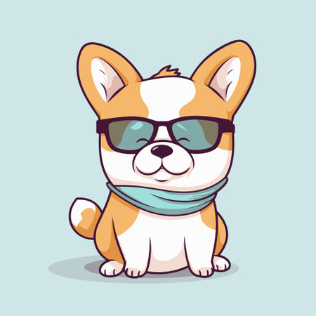 Cute corgi puppy sitting trendy with glasses, vector cartoon character.のイラスト素材