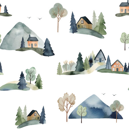Seamless pattern with nature, houses and mountains, watercolor illustration in cartoon style.の写真素材
