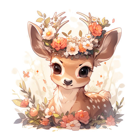 Cute young deer with a wreath of flowers, anime style illustrationの素材