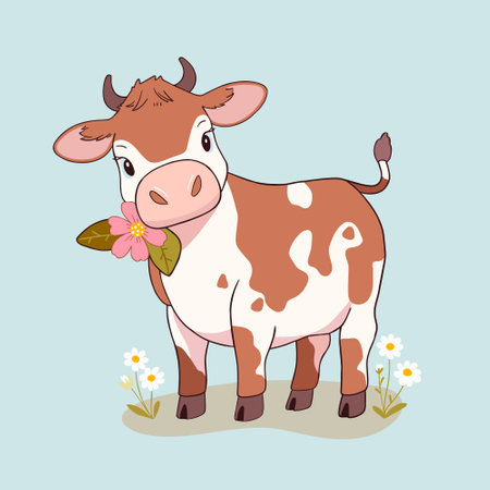 Spotted cow in a clearing with flowers vector illustration in a cartoon style.のイラスト素材